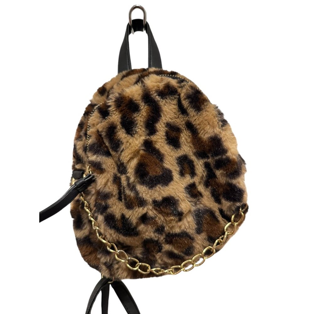 Leopard Print Faux Fur Mini Backpack With Gold Chain Accent & Adjustable Straps